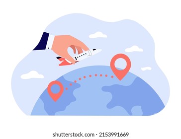 Big hand holding airplane above globe with location markers. Pilot flying plane across continents flat vector illustration. Traveling, tourism, vacation concept for banner or landing web page