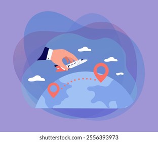 Big hand holding airplane above globe with location markers. Pilot flying plane across continents flat vector illustration. Traveling, tourism, vacation concept for banner or landing web page