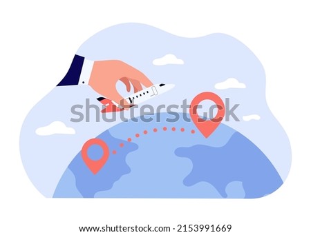 Big hand holding airplane above globe with location markers. Pilot flying plane across continents flat vector illustration. Traveling, tourism, vacation concept for banner or landing web page