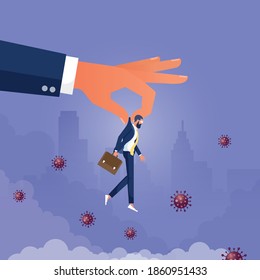 Big hand holding being fired businessman jobless employee to drop him out off office