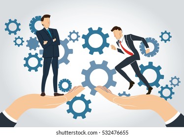 big hand holding businessman and gears background ,  business concept  