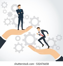 big hand holding businessman and gears background ,  business concept  