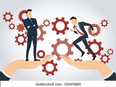 big hand holding businessman and gears background ,  business concept  
