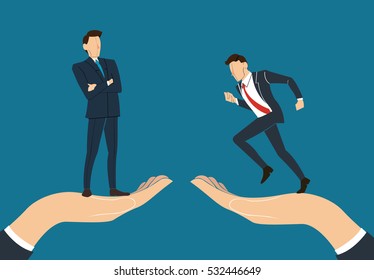big hand holding businessman standing with crossed arms and running businessman 