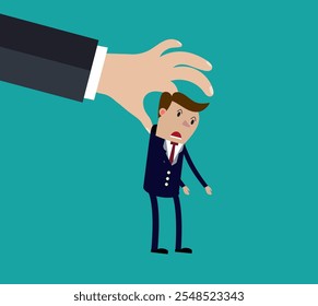 Big hand holding businessman. vector illustration in flat design on green background