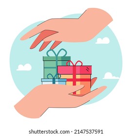 Big hand holding gift boxes. Hands around packages with presents flat vector illustration. Celebration, birthday, holidays, anniversary concept for banner, website design or landing web page