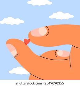 Big hand holding heart. Giant hand holds tiny little Heart in the sky. Charity, support, assistance, saving life, love, responsibility concept. Hand drawn Vector illustration. Design, print template