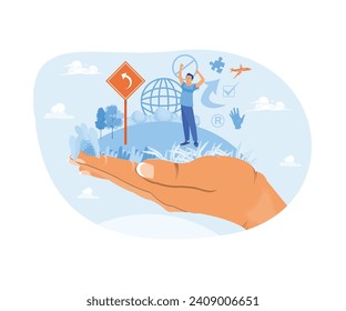 A big hand is holding a human with a green landscape. Eco friendly concept with globe. I am saving the planet concept. Trend Modern vector flat illustration