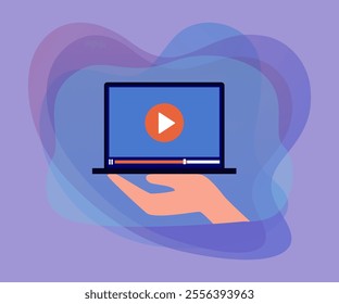 Big hand holding laptop with play button on screen. Person watching video on computer flat vector illustration. Internet, multimedia, entertainment concept for banner, website design or landing page