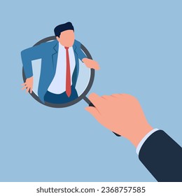 a big hand holding a magnifying glass and a potential new employee coming out of it, a metaphor for recruiting