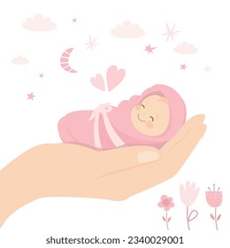 Big hand holding newborn baby girl. Medical and child care. Insurance concept background. Baby shower card template. New baby congratulations card. Flat vector illustration