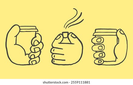 Big Hand Holding a Small Cup of Coffee, Espresso and Take Away Cup. Emblem, Hand Drawn Element for Design. Minimal linear graphics