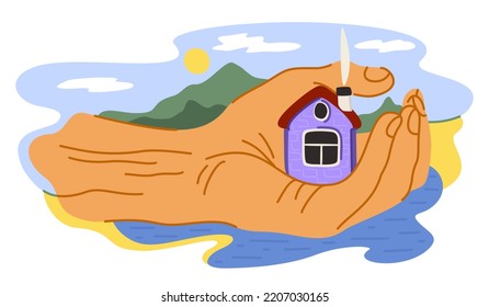 Big hand holding small house surrounded by lake, mountains and sunny sky. Vector isolated composition. Take care of your house and have cozy life.
