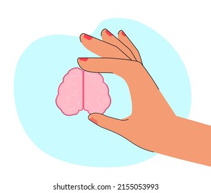 Big hand holding small human brain. Metaphor for intelligence, idea or studying flat vector illustration. Education, knowledge, neurology concept for banner, website design or landing web page