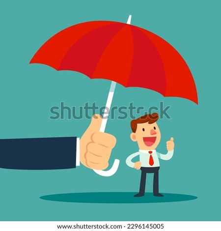 Big hand holding umbrella protecting small businessman. Protection and support business concept.