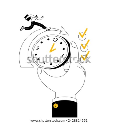 A big hand is holding a watch. The man is trying to catch up with time. Vector illustration concept on the topic of time management.