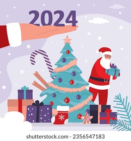Big hand holds 2024 year numbers. Santa Claus with gifts. Traditional christmas tree, various presents. New year celebration, december holidays. Boxing day, greeting card template. Vector illustration