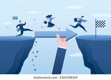 Big hand holds arrow and help business people cross problem gap. Support to solve problem, mentorship or coaching to help team success, leadership to guide employee to achieve goal. Point right way.