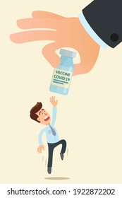 Big hand holds a bottle of coronavirus vaccine, a adult man jumps and tries to grab it. COVID-19 vaccine deficiency. Vector illustration, flat design, cartoon style, isolated background.