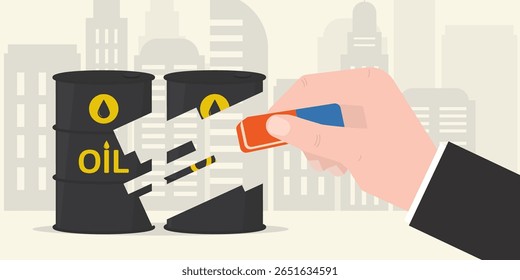 Grande mão segura a borracha e remove o barril de petróleo bruto. Recusa de utilização de petróleo e produtos petrolíferos. Campanha para energia alternativa, ecologia e redução de emissões de carbono. ilustração de vetor plano
