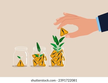 Big hand holds exclamation attention signs  puts it in a jar. Problems are piling up. Flat vector illustration