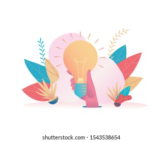 Big hand holds a huge holy light bulb. Metaphor of the search for an idea and its solution. Concept leader, boss, CEO makes the right decision, finds an idea. Vector flat illustration.