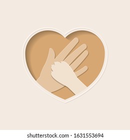 Big hand of human holding paw of dog, in brown heart shaped frame paper art greeting card