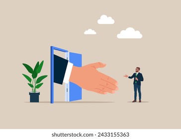 Big hand to invite the businessman to enter the door. Onboarding employee, warm welcome to new office, orientation training on first day. Flat vector illustration