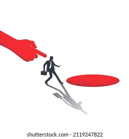 Big hand of leader pushes subordinate employee into abyss. Standing on cliff. Danger of falling into abyss. Business challenge concept. Vector illustration flat design. Isolated on white background. 