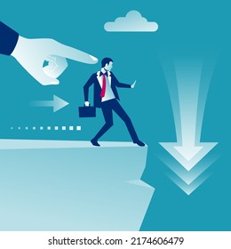 Big hand of leader pushes subordinate employee into abyss. Standing on cliff. Danger of falling into abyss. Business challenge concept. Vector illustration flat design. Isolated on background. 