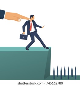 Big hand of leader pushes subordinate employee into abyss. Standing on cliff. Danger of falling into abyss. Business challenge concept. Vector illustration flat design. Isolated on white background. 