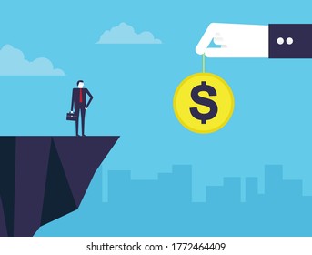 Big hand making a dollar coin trap to businessman on the edge of cliff. Business trap. Vectordesign
