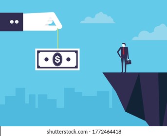Big hand making a money trap to businessman on the edge of cliff. Business trap. Vector design