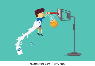 Big hand from milk bottle lifting a boy to shoot a basketball into the hoop. This illustration about drinking milk.