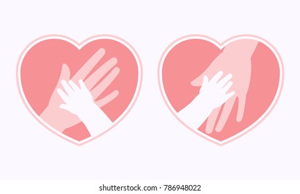 Big hand of mother holding small hand of baby inside heart shaped symbol and frame icon, logo, sign or symbol