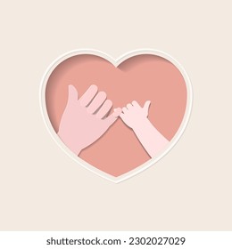 Big hand of mother and small hand of baby making a pinky promise in pink heart shaped frame paper cutting art