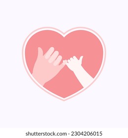 Big hand of mother and small hand of baby making a pinky promise in pink heart shaped frame silhouette flat design