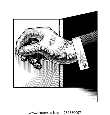 Big hand opening a small door. Vintage engraving stylized conceptual drawing. Vector illustration