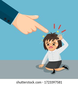 Big hand point at sad businesswoman knee on the floor, illustration vector cartoon