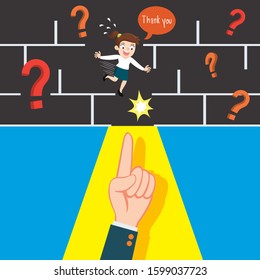 The big hand pointed the way out of the maze for businesswoman, illustration vector cartoon