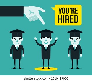 Big hand pointing to graduate one of three graduate students. You are hired concept, job search, employment after graduation. Flat style vector illustration