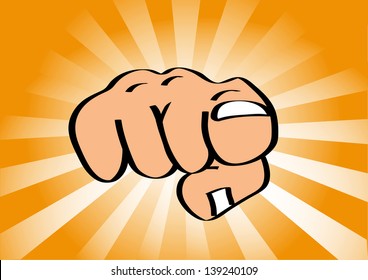 Big hand pointing index finger at viewer - vector illustration with colorful sun rays in background