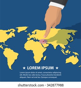 Big hand points to the destination on the map. Isometric illustration. Yellow world map on blue background. Anti-terror abstract illustration concept.