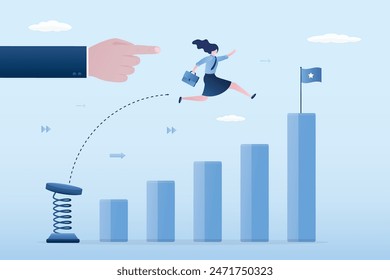 Big hand points right way. Business mentor helps to improve career with springboard. Businesswoman jumps above career ladder graph. Success growth, motivation opportunity, boost career concept. vector