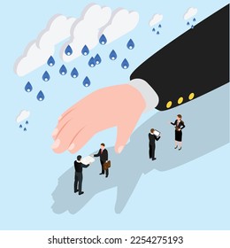 Big hand protecting employees working from rain 3d isometric vector illustration concept for banner, website, landing page, ads, flyer template