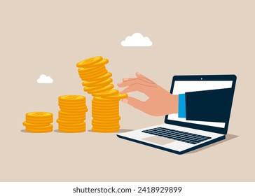 Große Hand ziehen Geld vom Münzstapel zurück, was verursacht. Die Finanzlage ist instabil. Dominoeffekt, der den Münzstapel beeinflusst. Flache Vektorgrafik