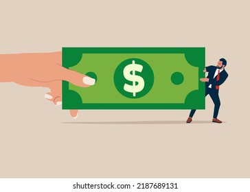 Big Hand Pulling Money Banknote Tug Of War With Small Businessman. Fight For Money, Government Asking For Tax Payment, Financial Problem, Pay Off Debt Or Bills.