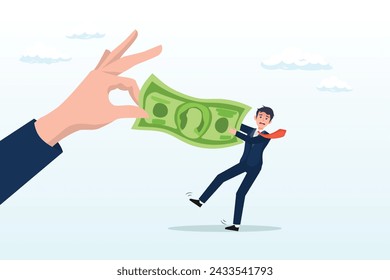 Mano grande tirando de dinero tirón de billetes de guerra con el pequeño empresario, lucha por el dinero, el gobierno pidiendo el pago de impuestos, los ingresos de la empresa cuota de mercado, problema financiero, pagar la deuda o las facturas (Vector)