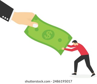 Mano grande tirando de dinero tirón de billetes de guerra con el empresario Pequeño, lucha por el dinero, el gobierno pidiendo el pago de impuestos, la participación de mercado de los ingresos de la empresa, problema financiero, pagar la deuda o las facturas (Vector)

