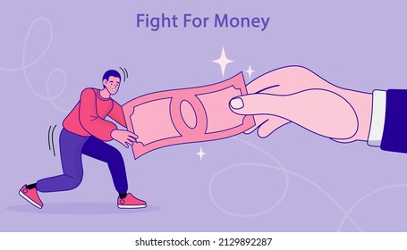 Big hand pulling money with small businessman. Fight for money, government asking for tax payment. financial problem. company revenue market share. Debt and taxes. banking interest. Salary reduction.